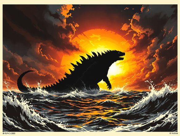A colossal, reptilian kaiju emerging from a stormy ocean, silhouetted against a fiery sunset. Style: epic, cinematic, dramatic lighting, Japanese monster movie poster.