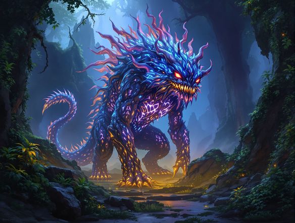 A majestic, bioluminescent forest creature with intricate patterns, standing proudly in an ancient, overgrown ruin. Style: high fantasy, detailed illustration, vibrant colors.