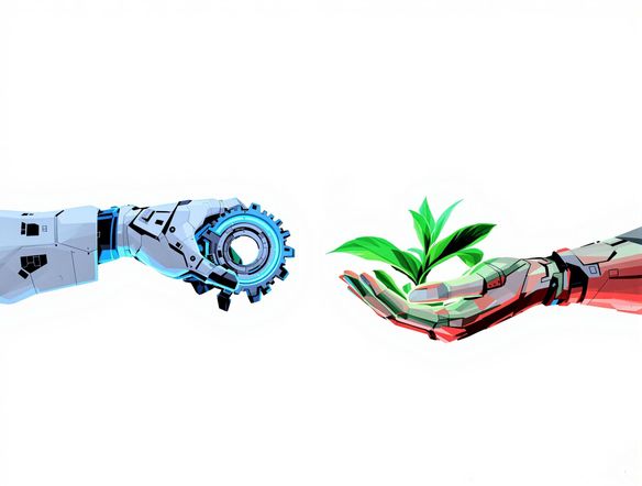 Two hands reaching towards each other, one holding a gear, the other holding a leaf, symbolizing technology versus nature, in a clean, modern style.