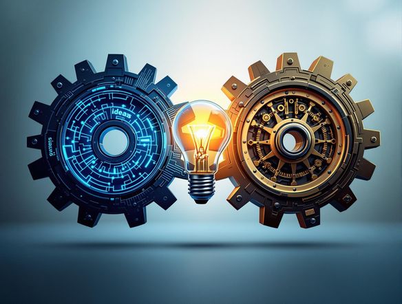 A digital illustration depicting two interconnected gears, one representing 'ideas' and the other 'analysis,' merging to form a lightbulb, symbolizing insight. Soft, diffused lighting, high resolution.