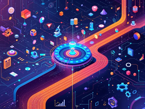 A vibrant, digital artwork showcasing two distinct pathways converging at a central point, symbolizing comparison. Each path is adorned with icons representing research and analysis. Bright, contrasting colors, detailed textures.
