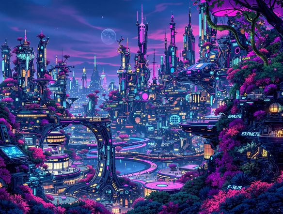 A detailed illustration of a bio-mechanical city skyline, blending organic structures with advanced technology, featuring glowing neon accents and a biological cyberpunk aesthetic, AI biopunk art.