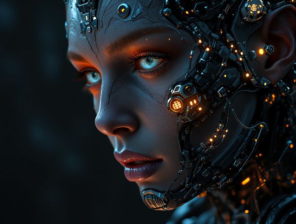 Close-up portrait of a character with intricate bio-engineered enhancements, glowing cybernetic implants integrated with organic tissue, set against a dark, atmospheric background, digital biopunk graphics.