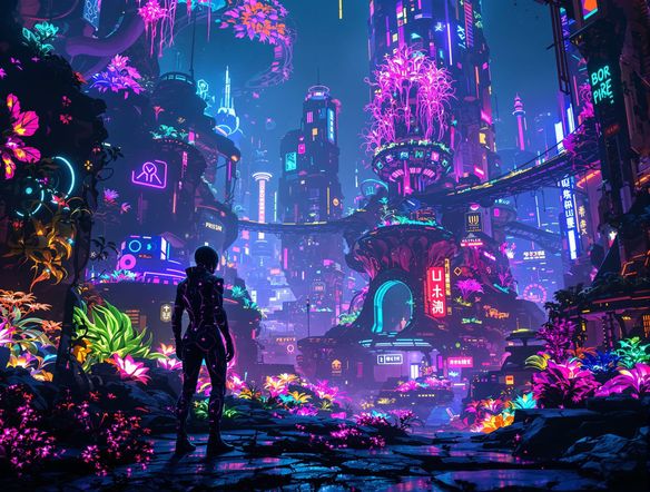 A cyberpunk cityscape infused with organic, bio-luminescent structures, featuring a lone figure in bio-engineered attire, digital art.