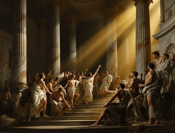 A dramatic Neoclassical painting depicting a heroic scene with figures in togas, set against a grand architectural backdrop. Strong chiaroscuro lighting and a balanced composition. Neoclassical revival art style.