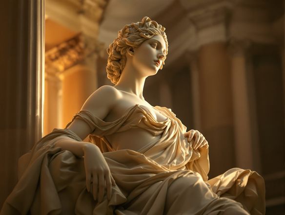 A majestic Neoclassical sculpture of a muse, bathed in soft, ethereal light, with intricate drapery and a serene expression. Greco-Roman architectural elements in the background. Classical art style.
