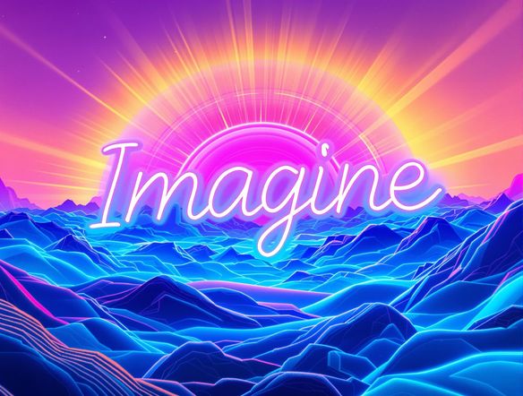 A vibrant animation of the word "Imagine" flowing through a colorful, abstract landscape. Use bright, neon colors and a smooth, fluid motion. The background should be a gradient of purple, pink, and blue.