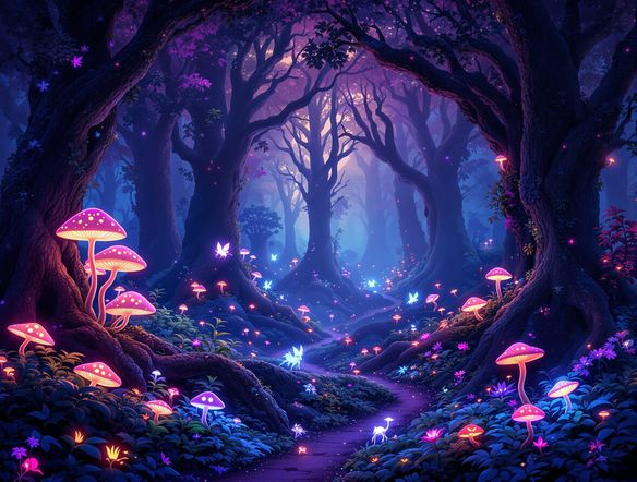 An enchanted forest at night, filled with glowing flora and fauna, bioluminescent mushrooms, and ethereal creatures, fantasy forest art, neon nature generator