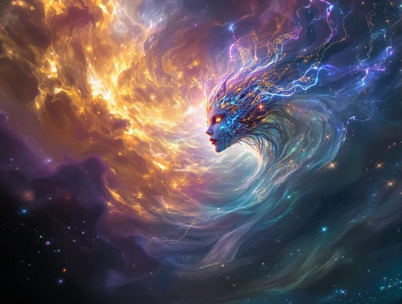 A mystical, glowing creature emerging from a nebula, inspired by avatar movie style art, with intricate bioluminescent patterns and vibrant light trails.