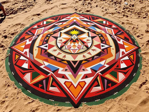 A vibrant, sacred sandpainting depicting a traditional Navajo Ye'ii Bicheii ceremony, intricate geometric patterns, natural earth tones, AI-generated, traditional Navajo art generator.