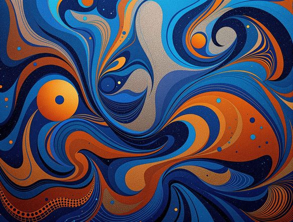 A modern, abstract digital Navajo sand art piece with swirling patterns and symbolic motifs, vibrant blues and oranges, high detail, AI art, native american art generator.
