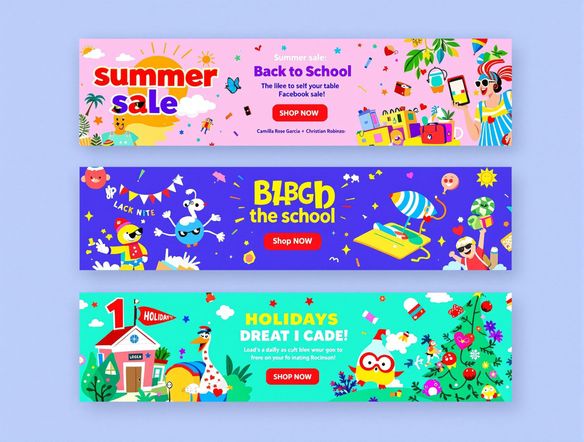 A series of three Facebook banner variations showcasing different themes: a summer sale, a back-to-school promotion, and a holiday greeting. Maintain consistent branding across all designs for a cohesive look.
