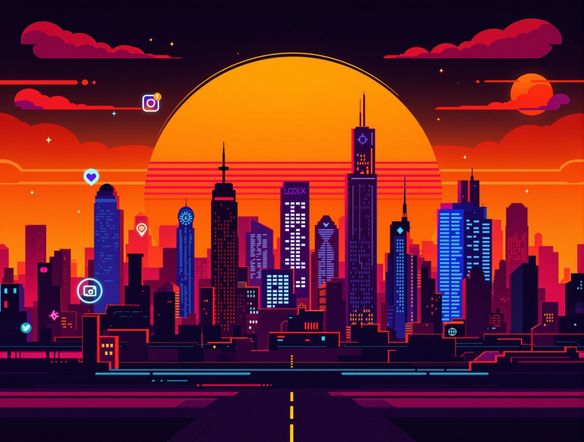 A vibrant Facebook banner showcasing a silhouette of a cityscape at sunset, overlaid with social media icons and a profile picture placeholder.