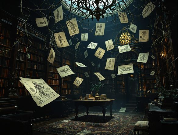 A dimly lit, ornate Victorian library with floating anatomical sketches and creeping vines. Edgar Allan Poe style, surreal macabre atmosphere.