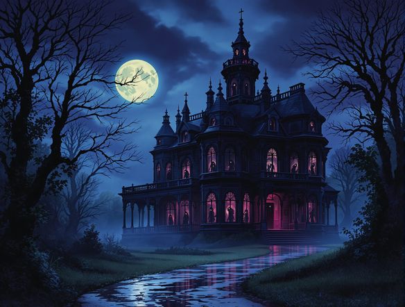 A haunted Victorian manor at twilight, bathed in moonlight, with distorted, shadowy figures lurking in the windows. Eerie and grotesque art maker style.