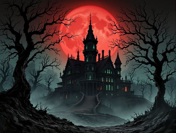 A Victorian-era haunted mansion silhouetted against a blood-red moon, with gnarled trees and ethereal mist swirling around it. Gothic horror illustration style.