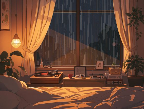 Cozy room interior with a record player, rain outside the window, soft warm lighting, aesthetic lofi art, chill vibes, anime style.