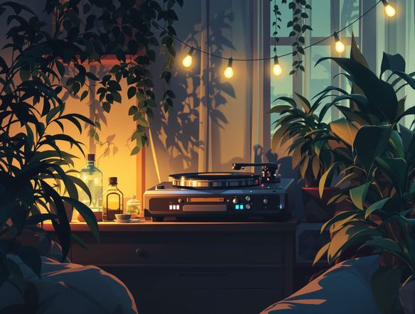 Cozy, dimly lit room with a record player, plants, and warm lighting, emanating a relaxed lo-fi vibe. Anime-inspired art style.