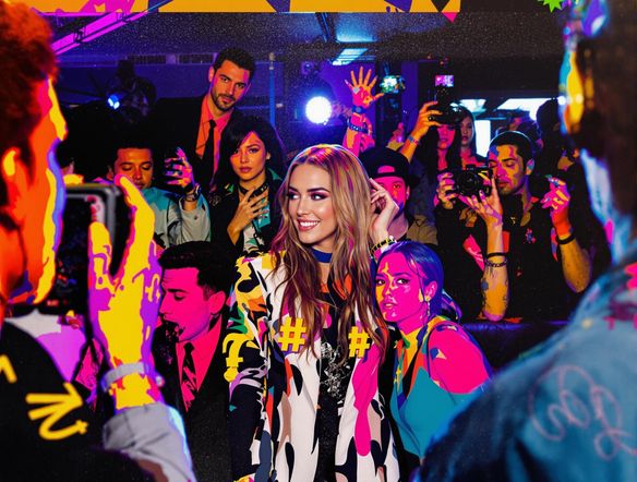 A mock Instagram story featuring a breaking news headline about a celebrity sighting, complete with paparazzi-style photo and a trending hashtag overlay. Bold colors and dramatic lighting.