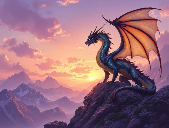 A majestic, custom-designed dragon with iridescent scales, sharp obsidian horns, and feathered wings, standing proudly on a mountain peak at dawn. Highly detailed fantasy illustration.