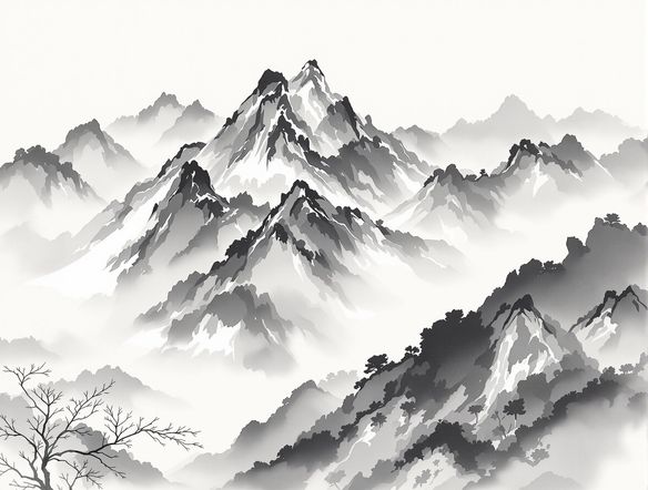 A majestic Korean mountain landscape rendered in a classic sumi-e ink wash style, with delicate brushstrokes and minimalist composition, evoking traditional Korean art AI.