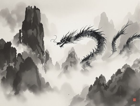A serene Korean ink painting of a majestic dragon soaring through misty mountains, rendered in traditional black ink on textured rice paper.