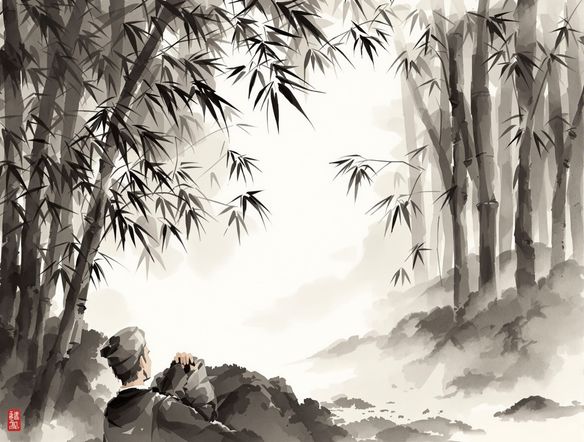 A serene Goryeo ink painting depicting a scholar contemplating a bamboo grove, in the distinct Joseon Dynasty art style generator, with subtle washes and bold ink lines.