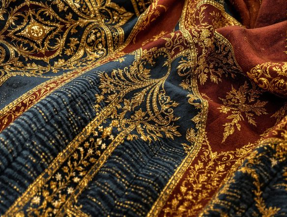 Close-up of a medieval fabric with intricate, ancient weaving patterns AI, showcasing detailed textures and a rich color palette, as if from a medieval fabric design tool.