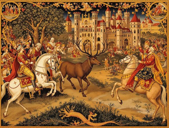 Intricate medieval tapestry depicting a royal hunt, rich threads of gold and crimson, woven texture, castle in background.