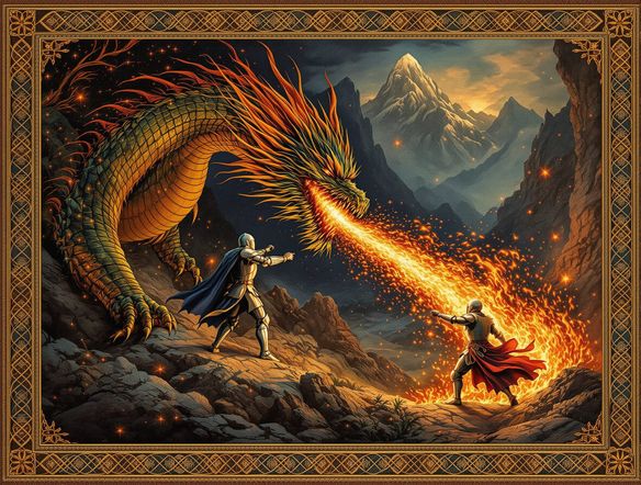 A grand medieval tapestry depicting a knight battling a dragon, rich in detail and vibrant threads, created by a historical tapestry generator.