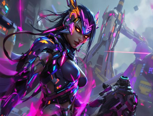 A vibrant, full-body character concept art of a cyberpunk warrior with neon accents. Detailed facial features, dynamic pose, and futuristic clothing. Use the ai headshot generator free to create a matching headshot. High resolution, digital painting.