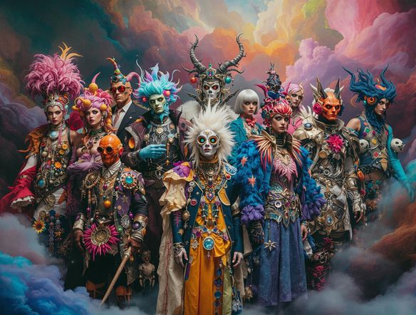 A diverse group of characters in various styles and settings, showcasing the range of the AI Character Generator, vibrant and imaginative.