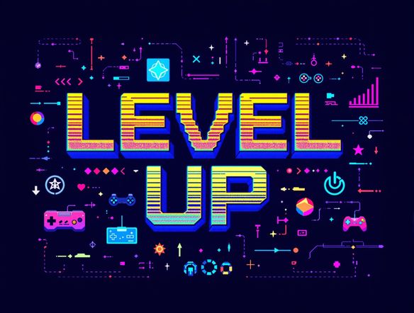 Generate a bold and energetic Twitch banner featuring the text 'Level Up' in a pixelated, 8-bit style. Use bright, contrasting colors and incorporate gaming-related icons like controllers and power-ups. Add a subtle glitch effect for a modern edge.