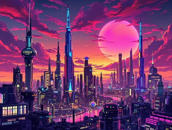 A stylish t-shirt design featuring a retro-futuristic cityscape at sunset. The design should be vibrant and eye-catching, with a blend of neon colors and sharp geometric shapes. Imagine a blend of vaporwave and cyberpunk aesthetics.
