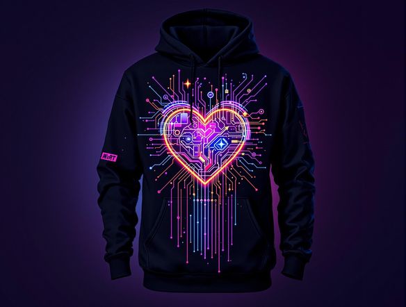 An AI-generated design of a vibrant, heart-themed graphic on a hoodie, showcasing the blend of technology and personalized fashion.
