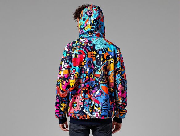 A photorealistic, close-up image of a person wearing a vibrant, intricately designed hoodie. The hoodie features a unique AI-generated pattern with bold colors and abstract shapes. Focus on the fabric texture and design details.