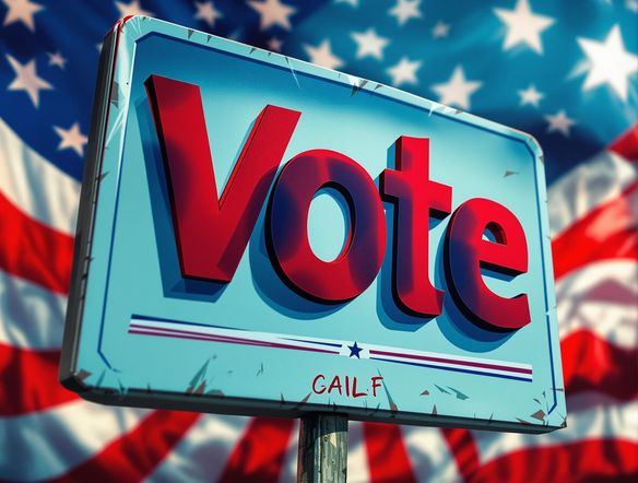 A vibrant political campaign sign featuring a bold, overlapping letter logo. The letters 'Vote' are creatively combined into a single symbol, set against a patriotic background with stars and stripes. Dynamic lighting, high resolution.