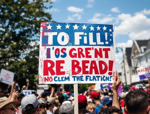 A vibrant political campaign sign with bold text and patriotic colors, displayed at a lively rally with diverse supporters.