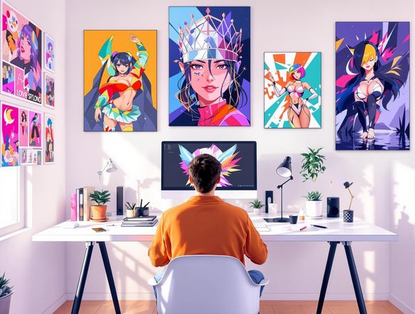 A digital artist's vibrant portfolio website showcasing various AI-generated anime-style artworks, with a clean, modern interface and interactive elements.