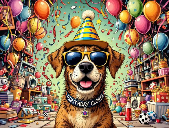 A humorous 'Missing' poster featuring a cartoon dog wearing sunglasses, set against a brightly colored, chaotic background filled with party decorations.