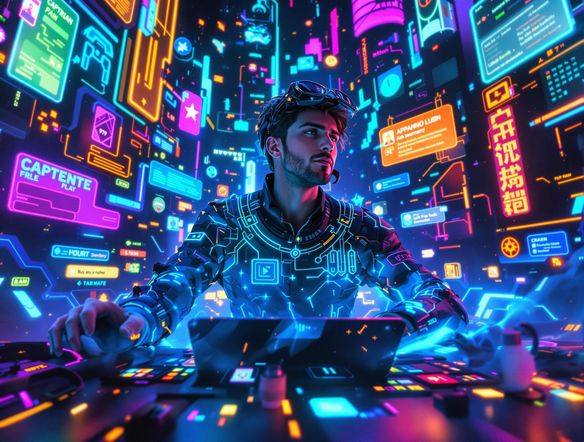 A vibrant and dynamic Twitch stream interface, glowing neon lights, animated chat bubbles, and a central figure intensely gaming, digital art.