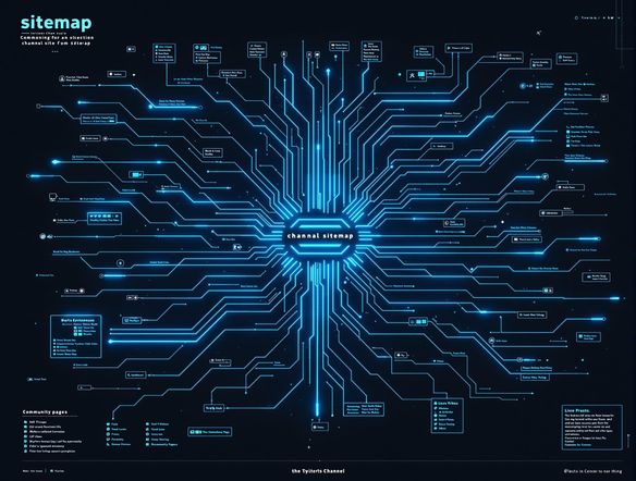 An intricate digital blueprint of a Twitch channel's sitemap, resembling a high-tech circuit board. Illustrate connections between streams, videos, and community pages, emphasizing SEO benefits.
