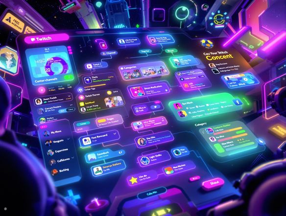 A dynamic visual sitemap showcasing a Twitch channel's content hierarchy, highlighting tags and categories with a futuristic, user-friendly interface. Use vibrant colors and clear navigation.