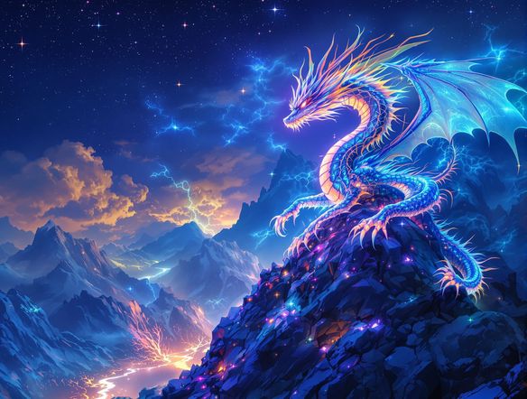A majestic, bioluminescent dragon perched on a crystalline mountain peak, its scales emitting a soft, otherworldly glow against a starry night sky, vibrant neon accents.