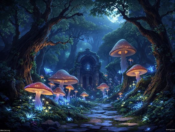 A mystical forest scene at night, with glowing mushrooms and ethereal plants casting a soft, bioluminescent light on ancient ruins, creating a magical atmosphere.
