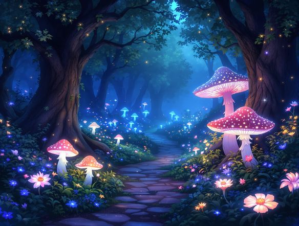A mystical forest clearing at night, illuminated by glowing mushrooms and ethereal fairy lights, with subtle bioluminescent flora, soft magical glow, vibrant blues and greens.
