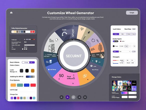 A customizable wheel generator interface with options to change colors, fonts, and visual elements. The wheel generator custom shows a clothing brand logo in the center, surrounded by customizable style options. Clean and professional design.
