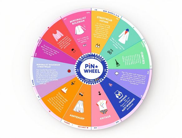 A vibrant pin wheel generator with sections displaying different clothing styles: minimalist, bohemian, streetwear, vintage, and avant-garde. Each section features a small icon representing the style. Bright, cheerful colors.