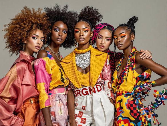 A diverse group of models wearing clothing from a new, innovative brand, vibrant and modern, studio lighting, high fashion photography.