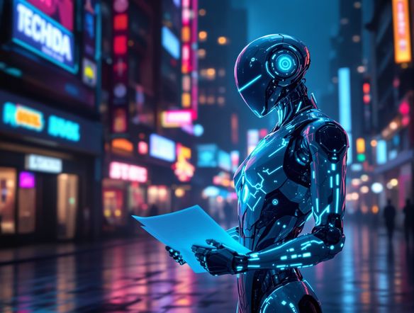 A futuristic, sleek AI robot character with glowing blue circuits and intricate metallic plating, standing in a neon-lit cityscape. The robot is holding a holographic blueprint.